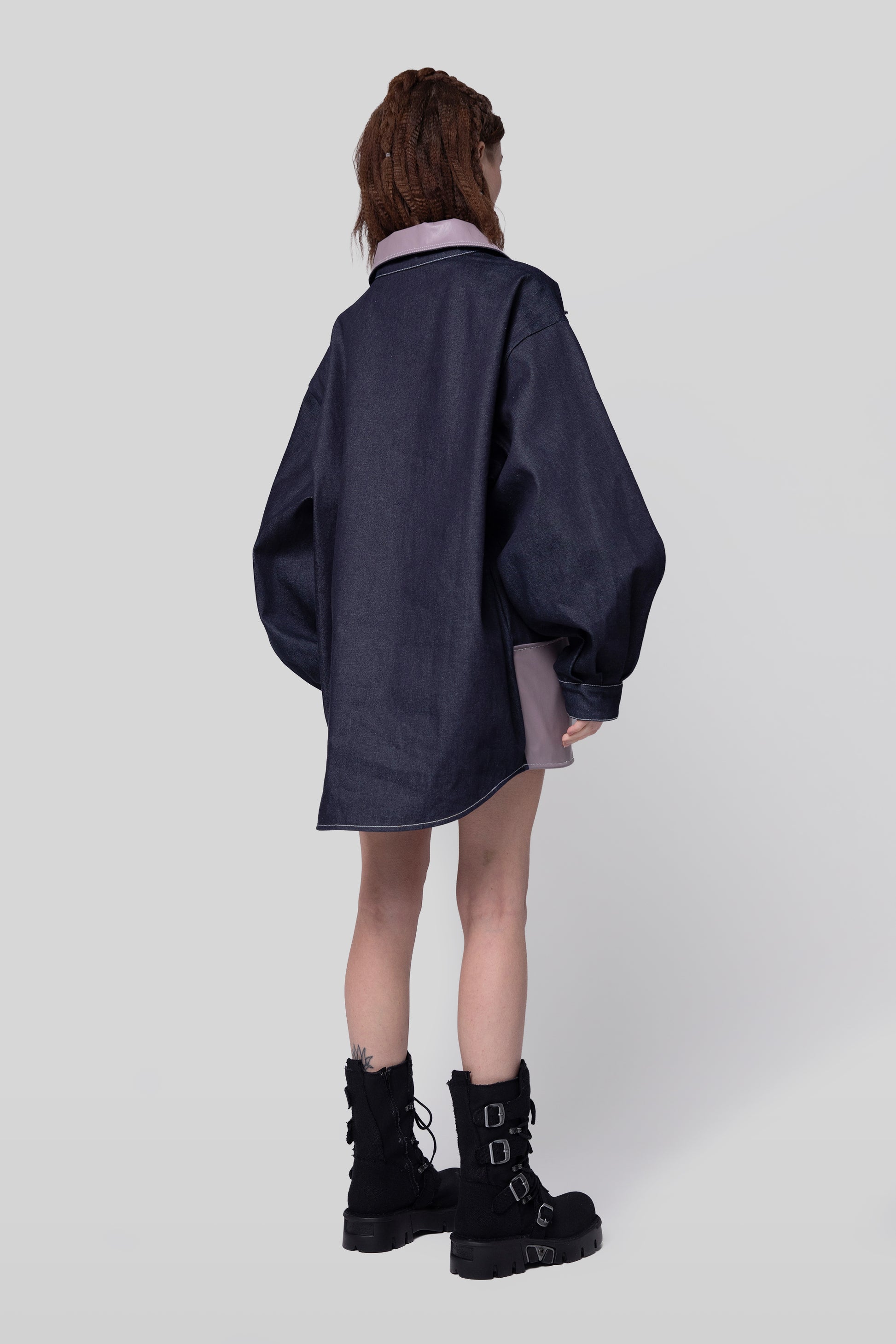 Back angled view of indigo Candiani raw denim Dovetail Dress