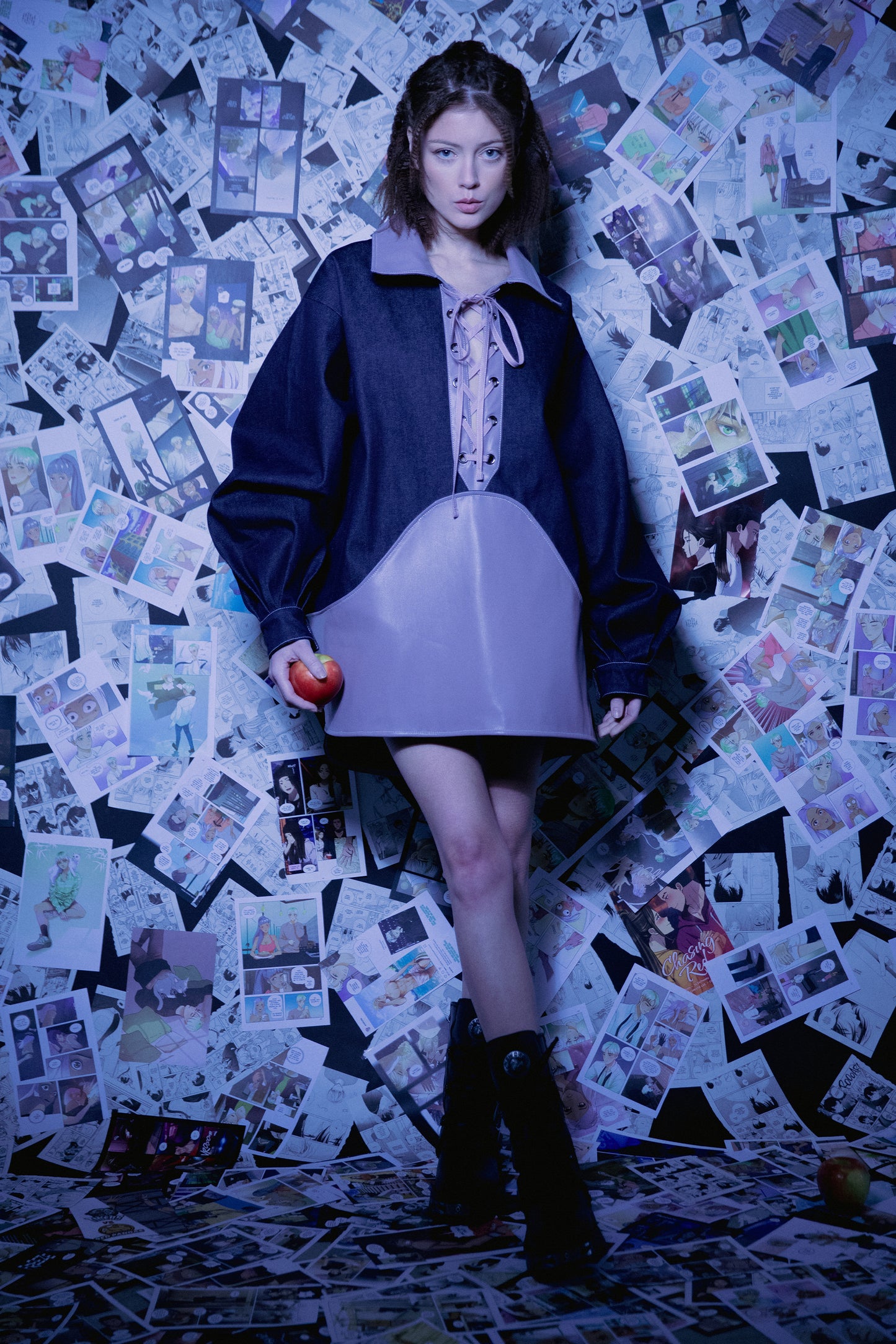 Model standing in indigo Candiani raw denim Dovetail Dress with purple AppleSkin panel