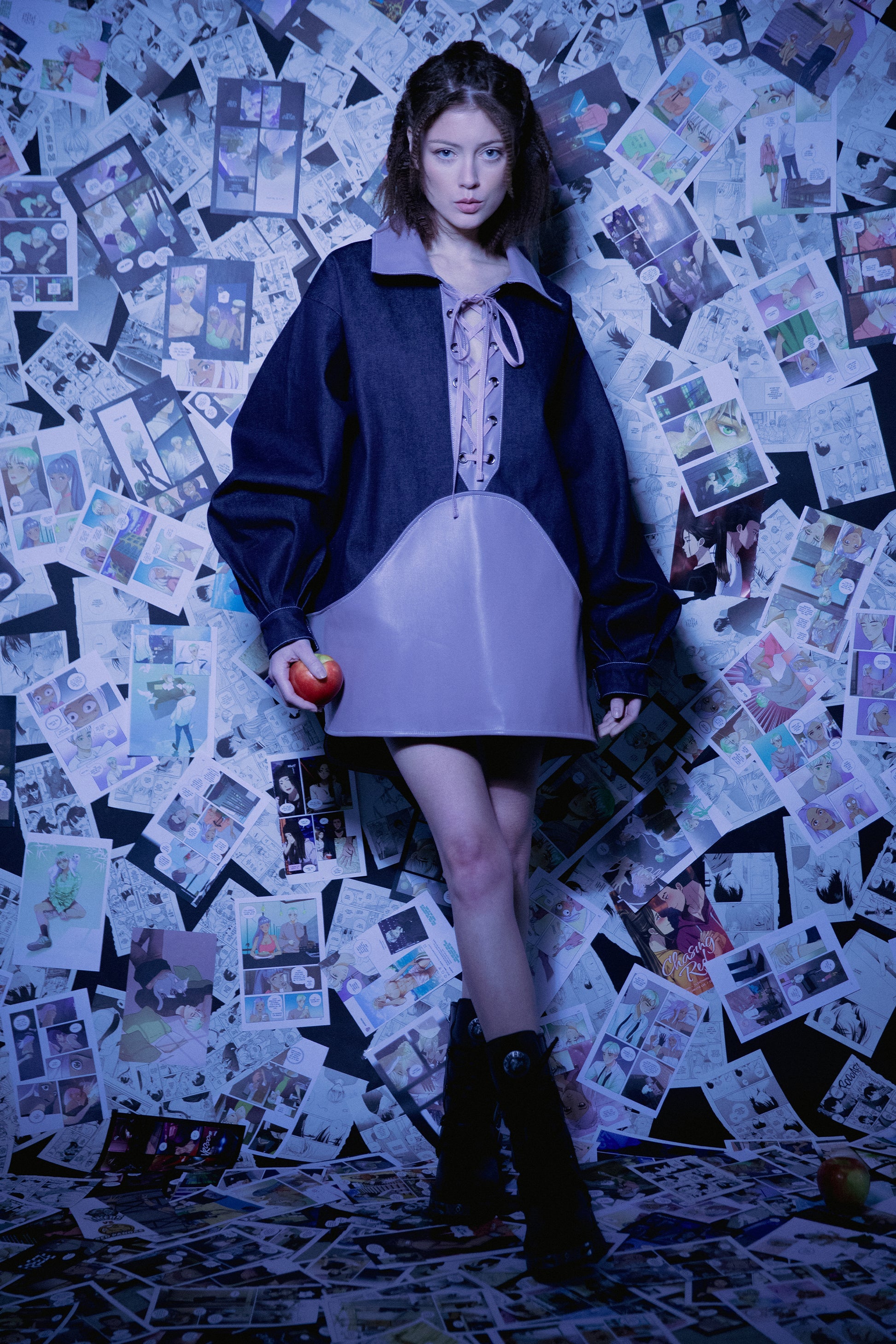 Model standing in indigo Candiani raw denim Dovetail Dress with purple AppleSkin panel