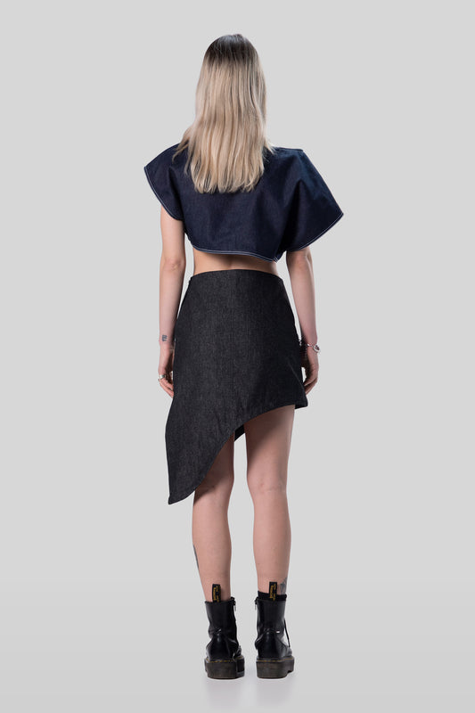 Back view of Fly Girl crop top in indigo raw denim, clean finish