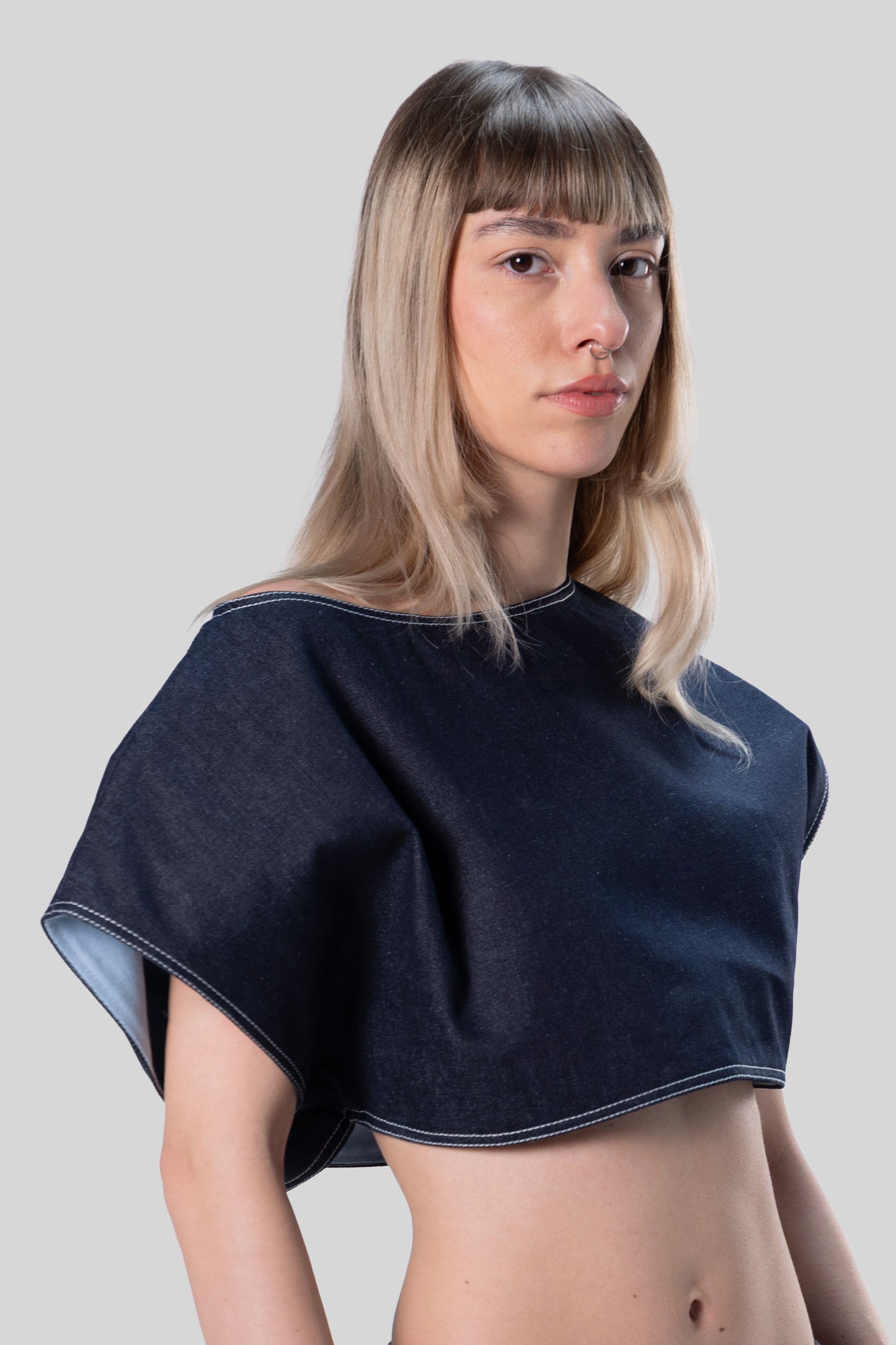 Front portrait of Fly Girl crop top in indigo Candiani raw denim