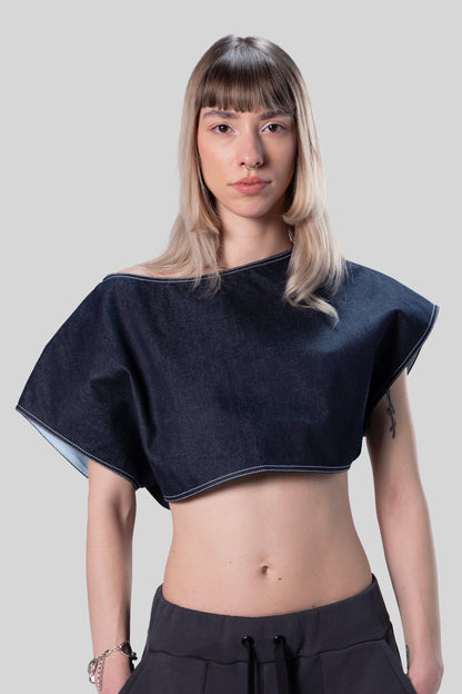 Front view of Fly Girl crop top with asymmetric off-shoulder cut