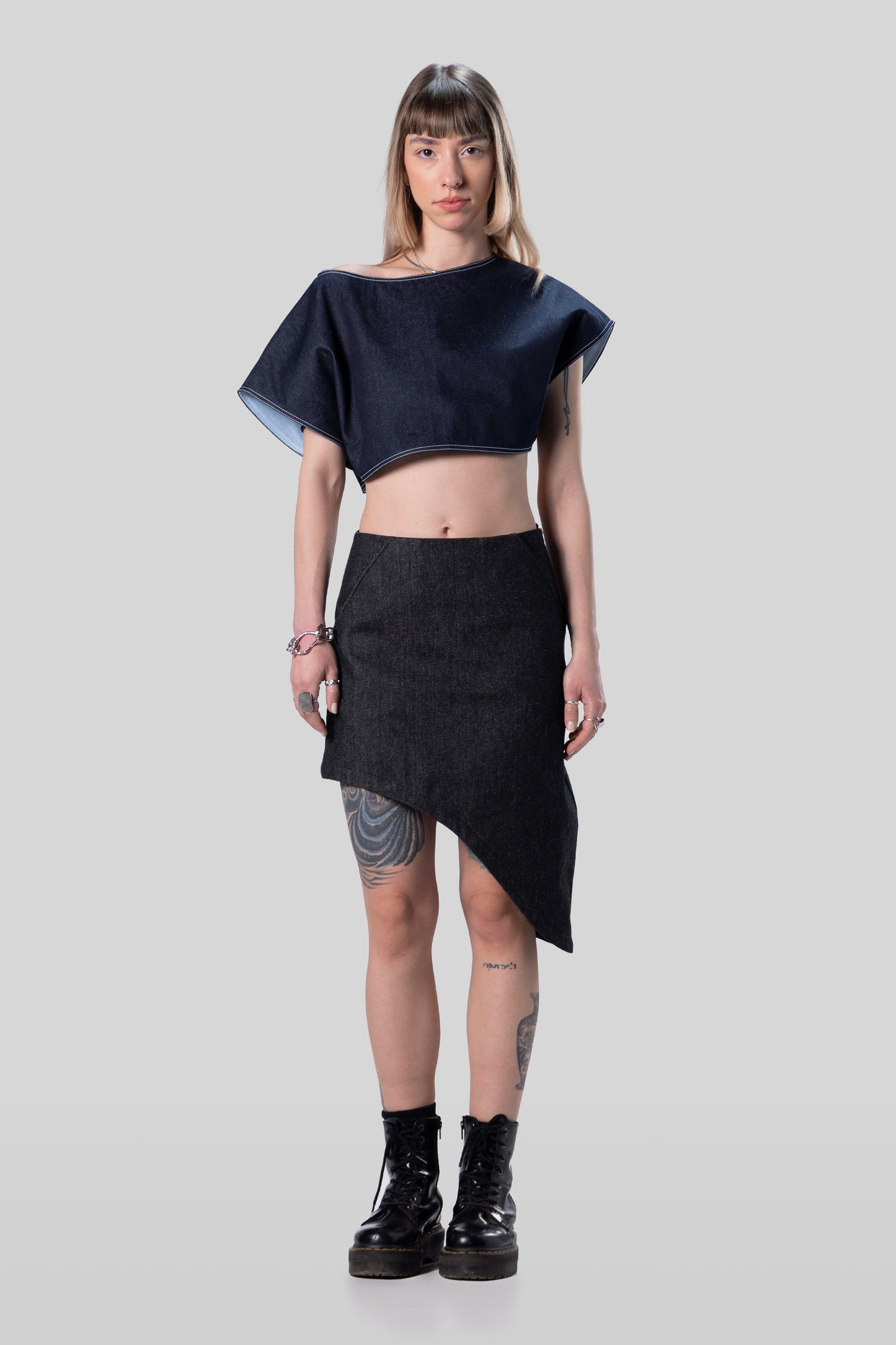 Full body front view of Fly Girl crop top in indigo raw denim