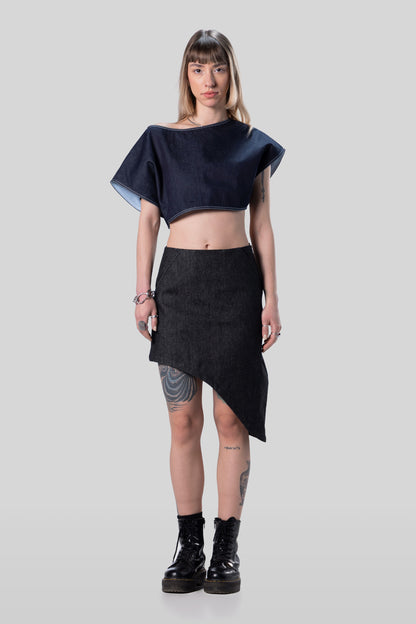 Full body front view of Fly Girl crop top in indigo raw denim