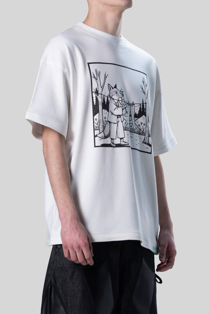 Side view of white Supima cotton Lineage Tee with black DTG print, torso crop