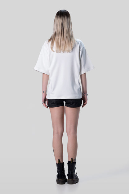 Back view of white Supima cotton Women’s Lineage Tee, clean finish