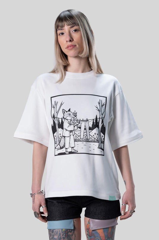 Front view of white Supima cotton Women’s Lineage Tee with black fox graphic