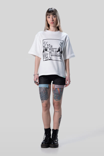 Full body front view of white Supima cotton Women’s Lineage Tee, relaxed fit