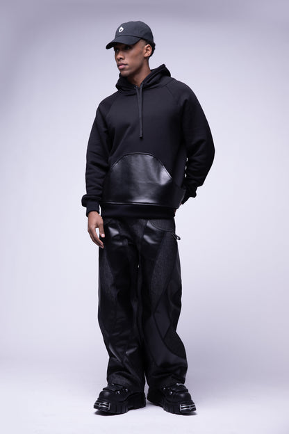 Full body view of model wearing black No Cap hat with low profile silhouette, with Shadow Hoodie and Bloom Jean