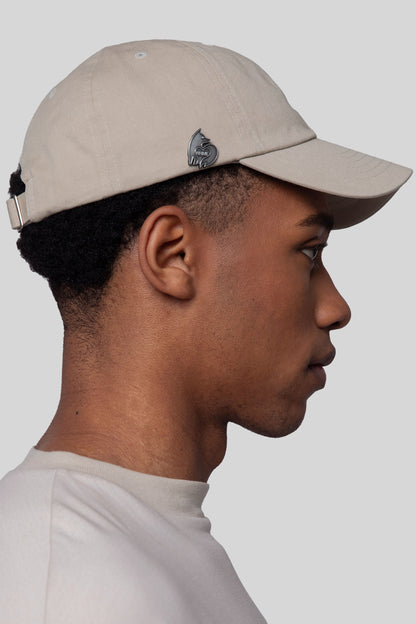 Side profile of oak No Cap hat with curved brim