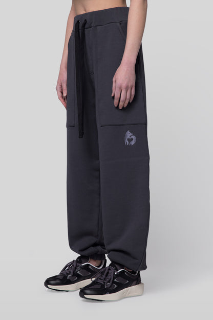 Angled view of deep grey No Sweat pants, relaxed fit