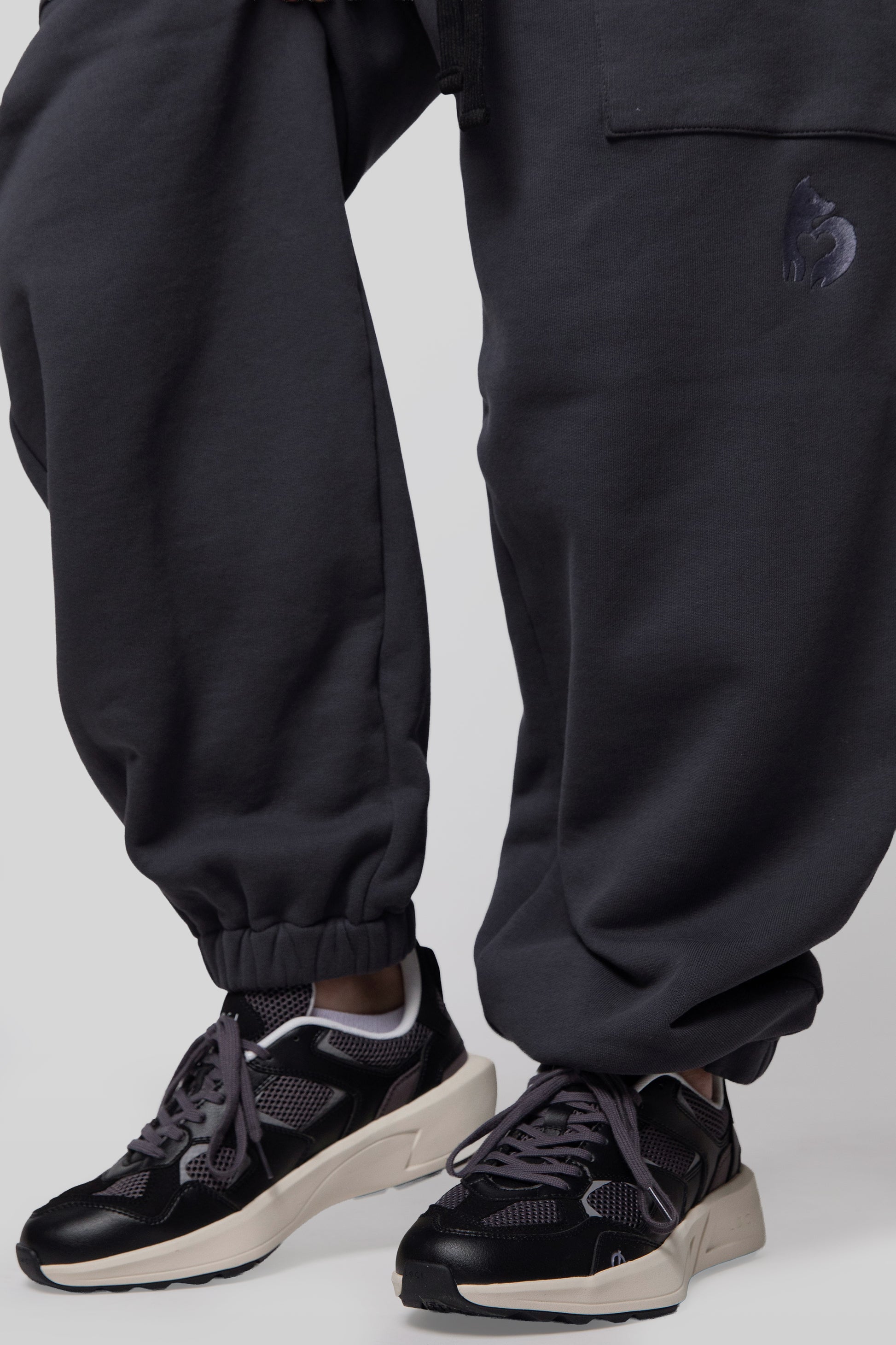 Close-up of ribbed ankle cuffs on deep grey No Sweat pants