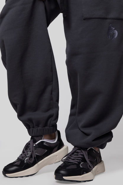 Close-up of ribbed ankle cuffs on deep grey No Sweat pants