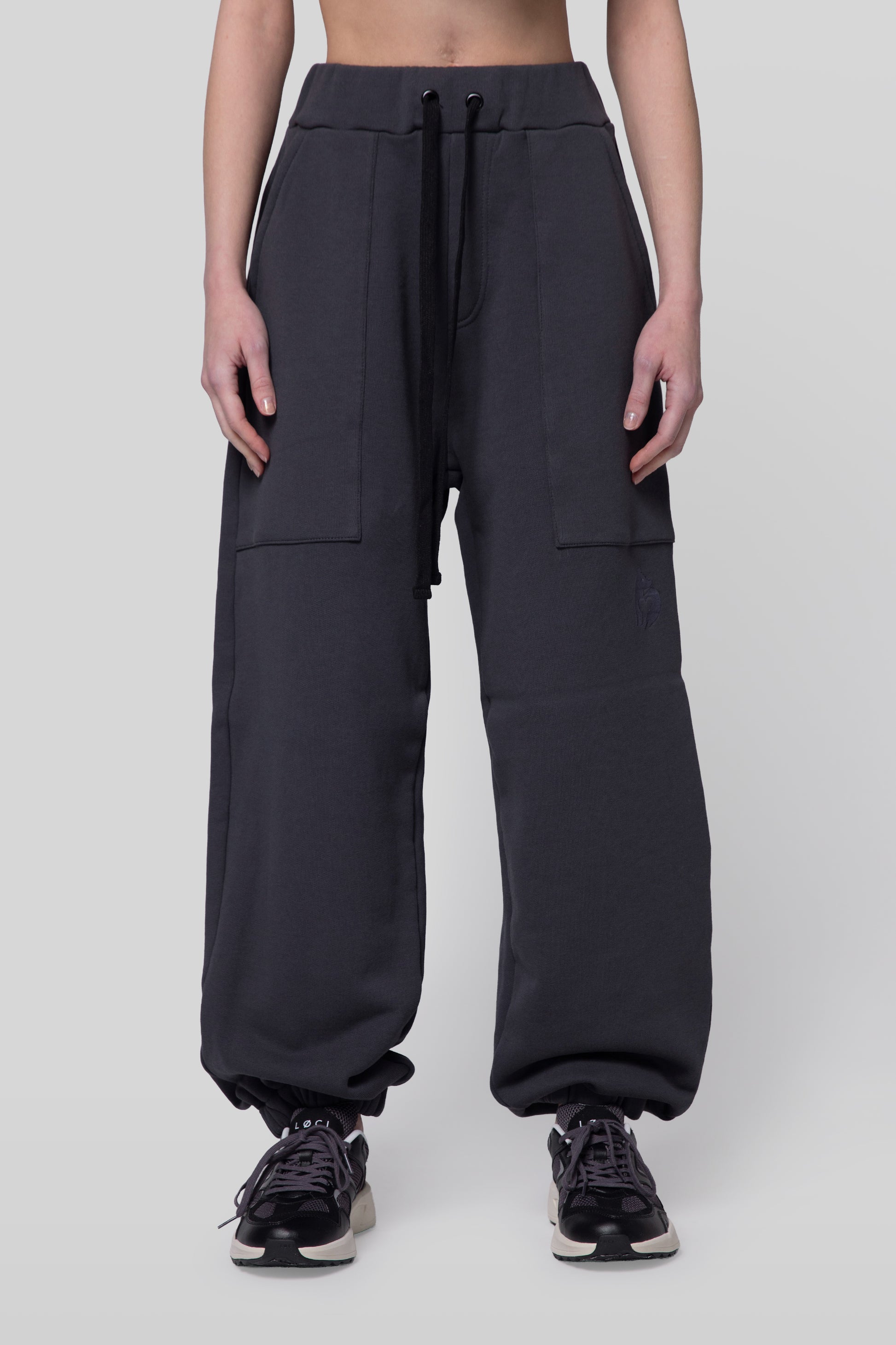 Front view of No Sweat pants with oversized front pockets