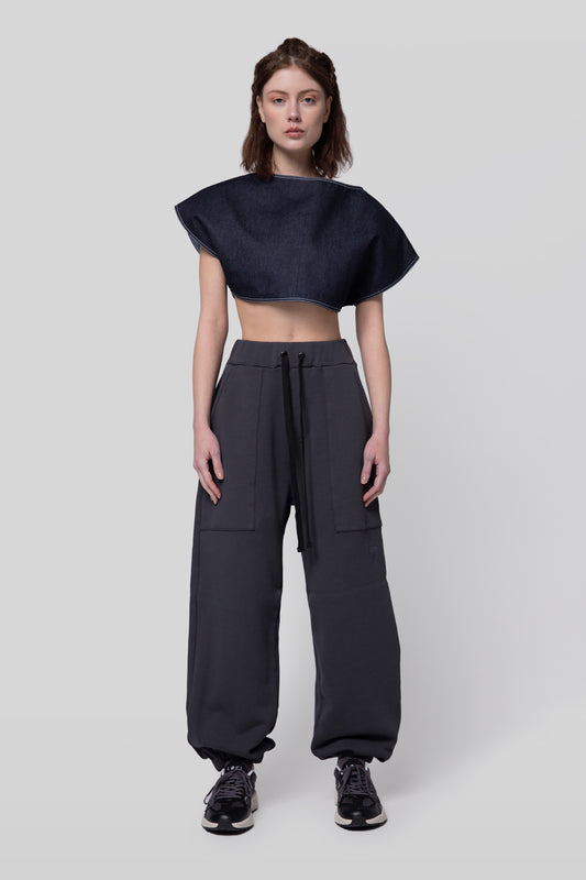 [card:women-primary] Full body view of No Sweat pants in deep grey organic cotton and Fly Girl Crop top on model