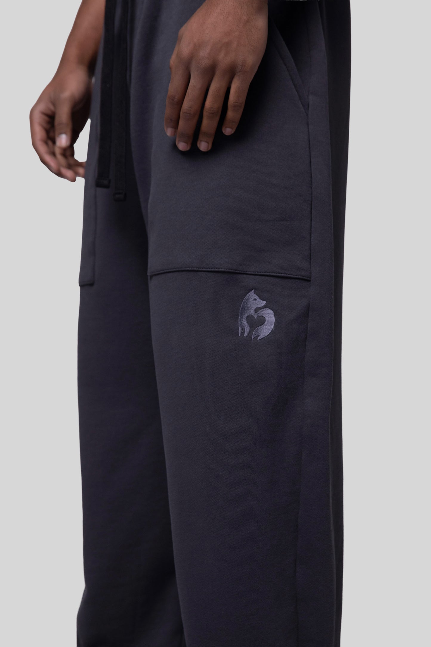 Close-up of oversized front pocket on deep grey No Sweat pants