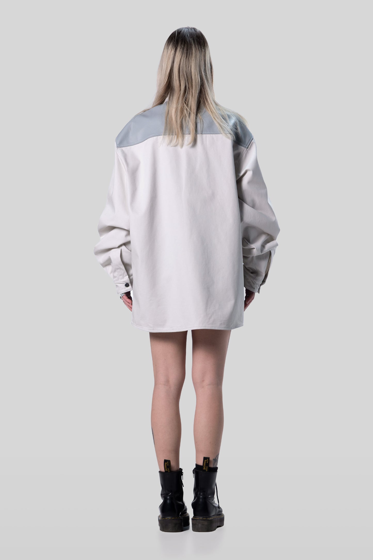 Back view of Out of Pocket shirt in light grey cotton