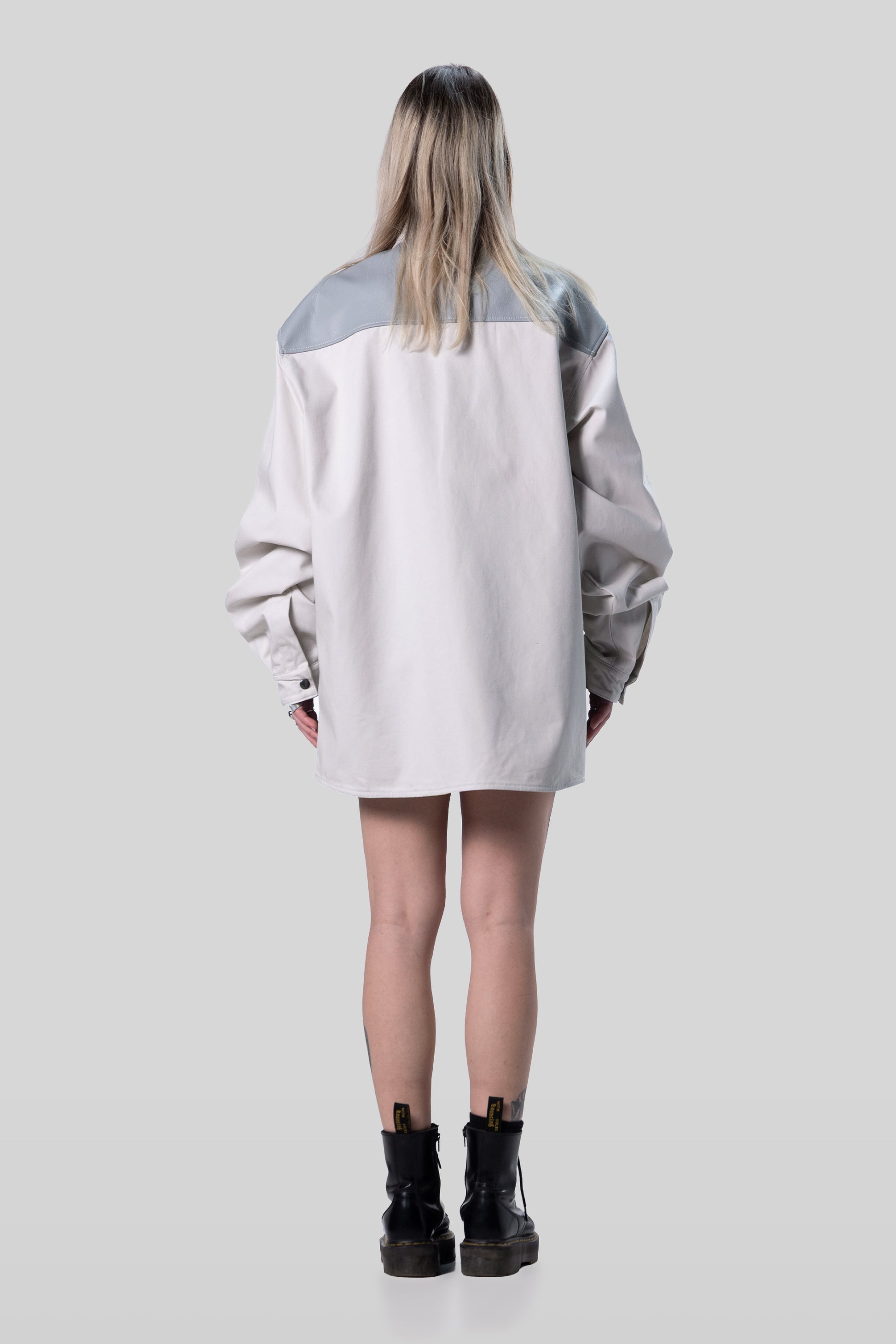 Back view of Out of Pocket shirt in light grey cotton