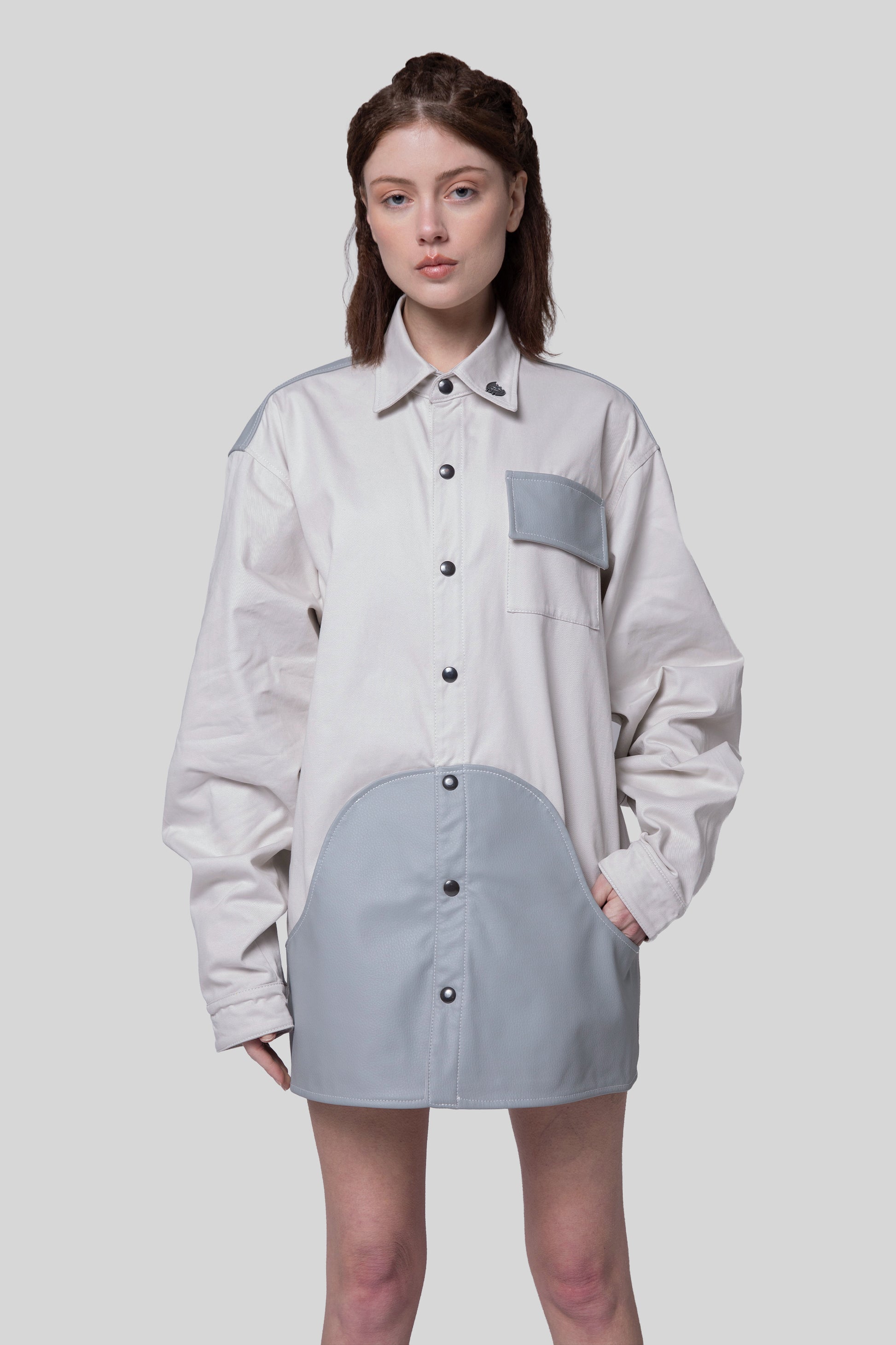 Front view of Out of Pocket shirt with pouch pocket detail