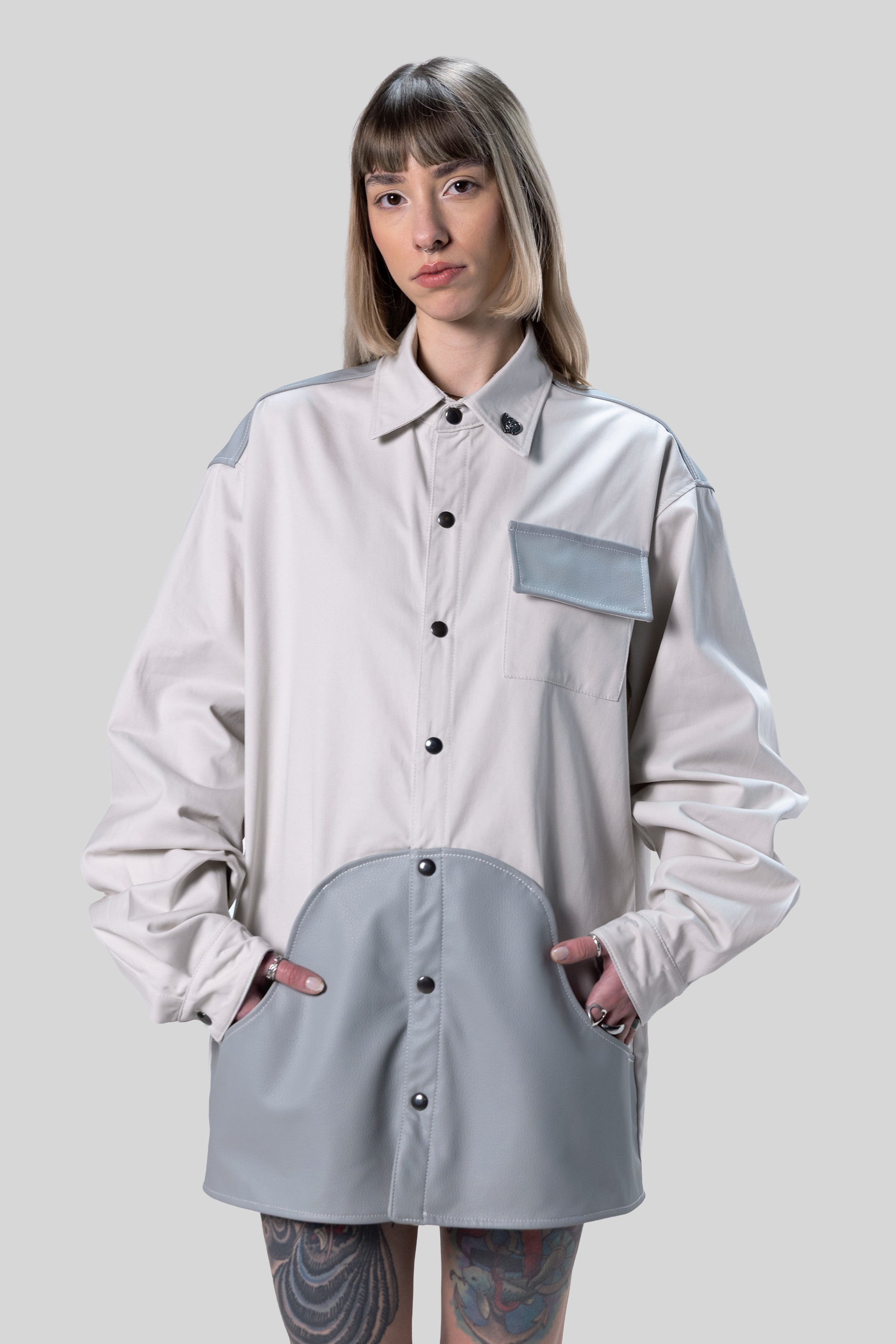 Front view of Out of Pocket shirt with chest pocket and snap buttons