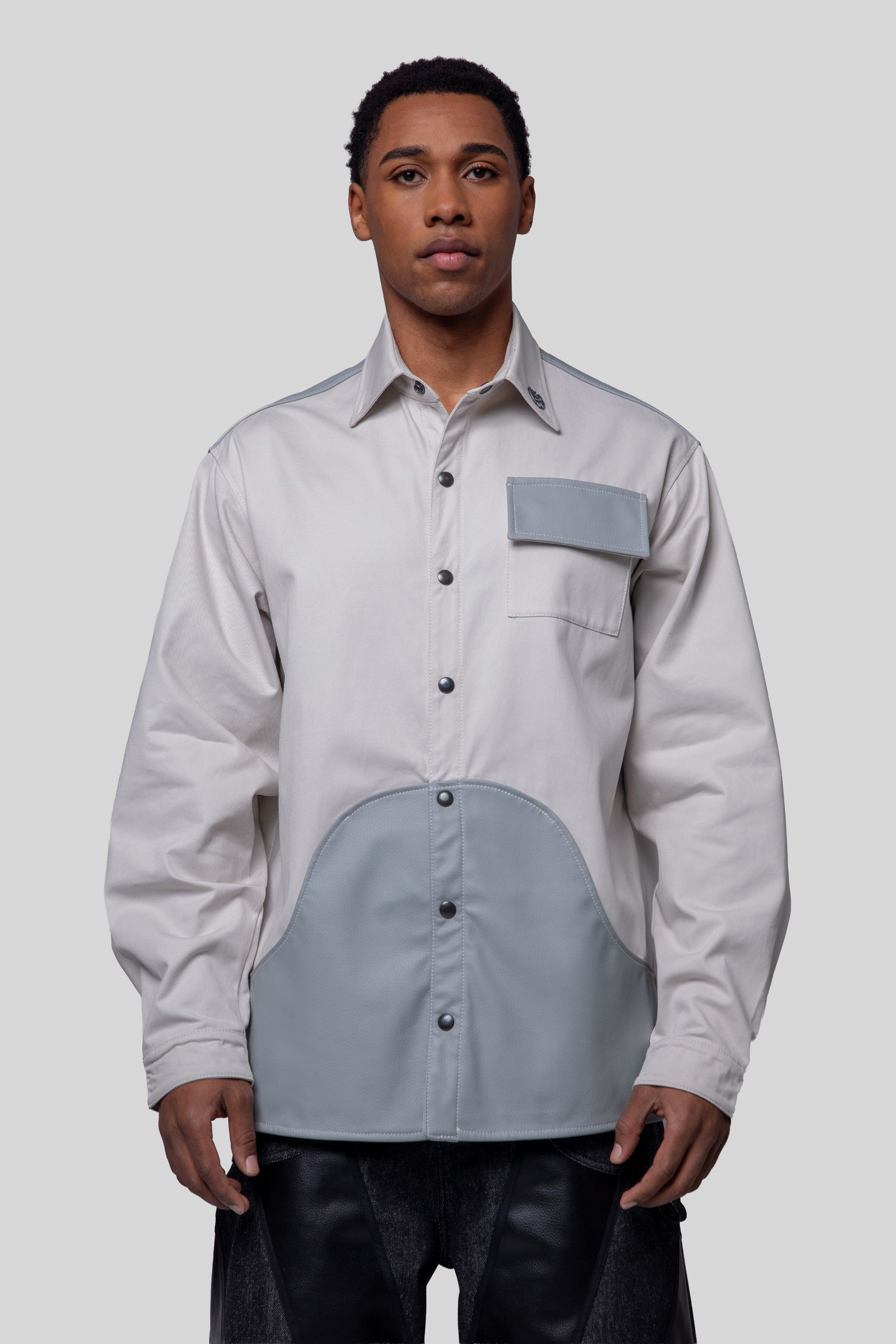 Front view of Out of Pocket shirt in light grey with AppleSkin pouch pocket