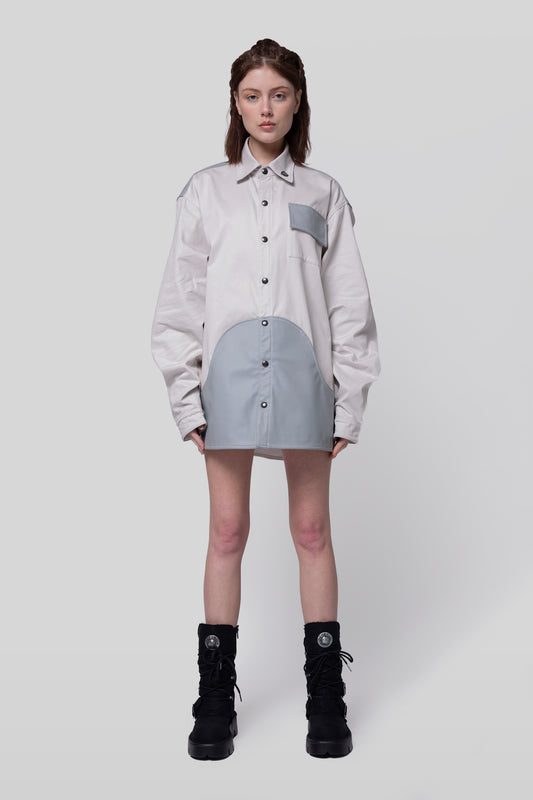 Full body view of Out of Pocket shirt styled as oversized shirt