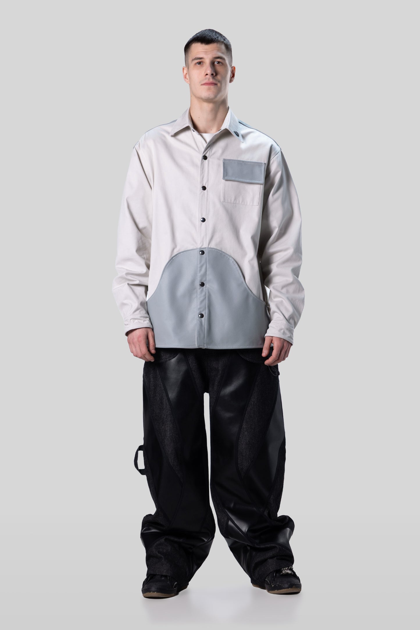 Full body view of Out of Pocket shirt in light grey cotton