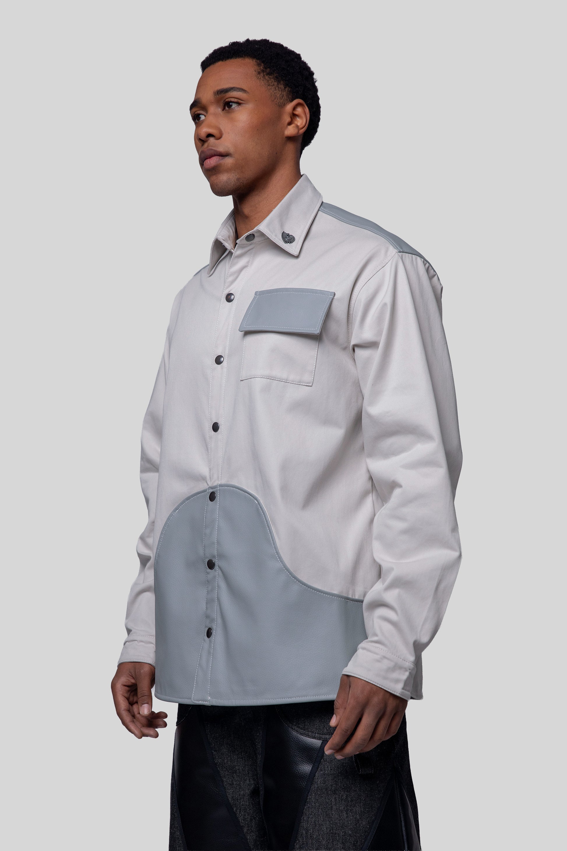 Portrait of Out of Pocket shirt showing collar and chest pocket