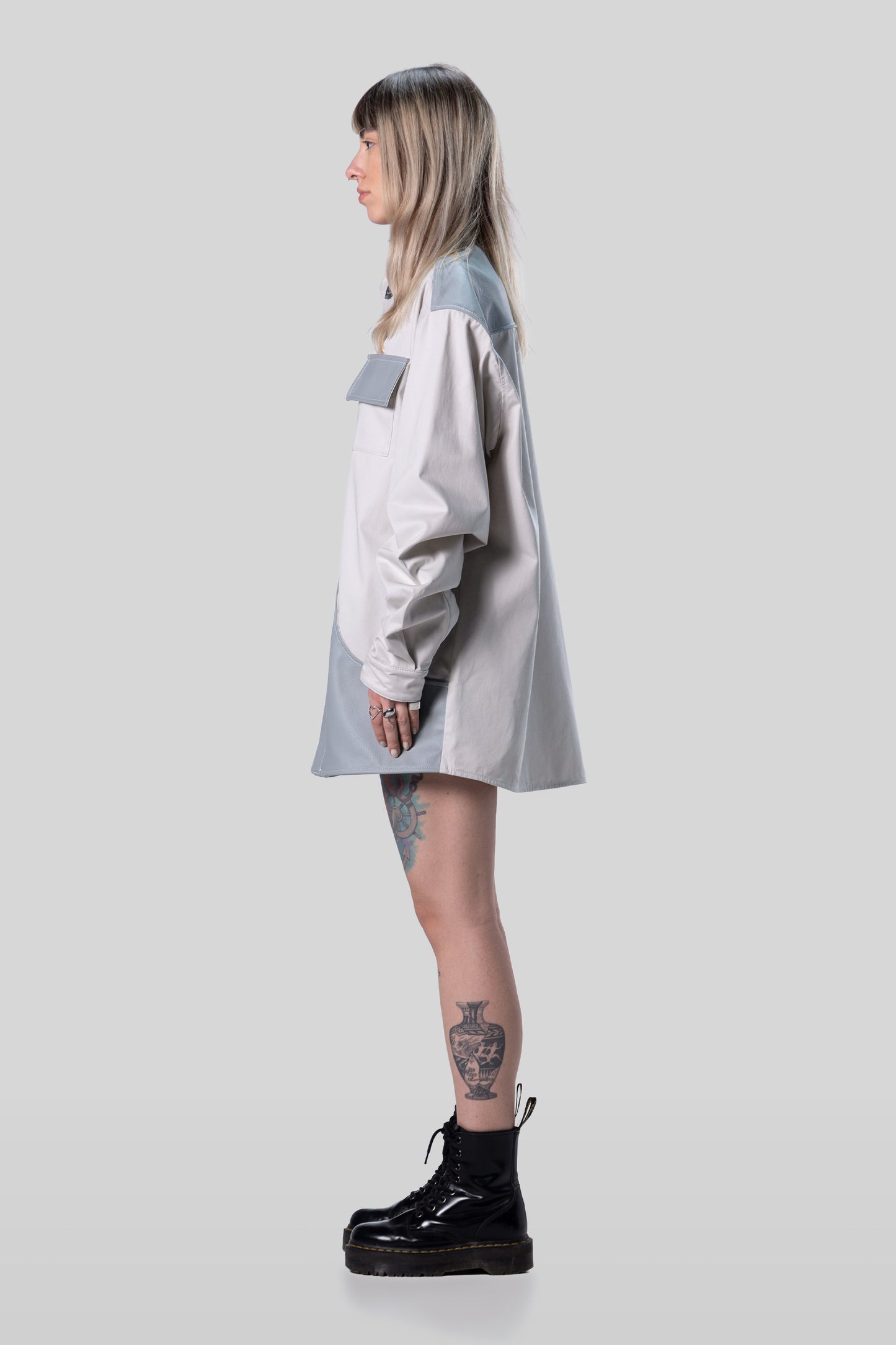Side view of Out of Pocket shirt with structured silhouette