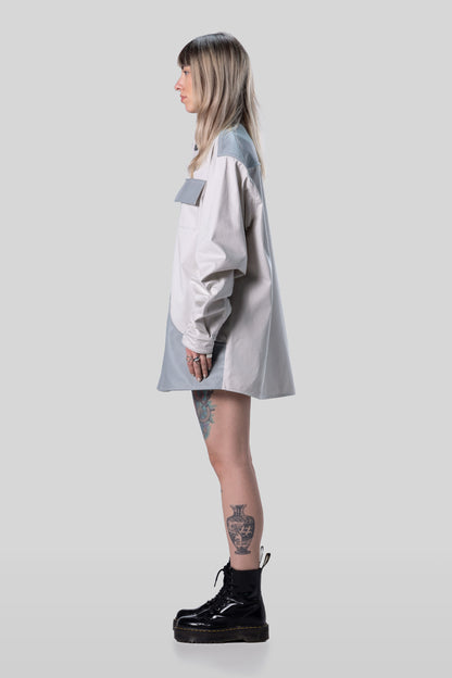 Side view of Out of Pocket shirt with structured silhouette