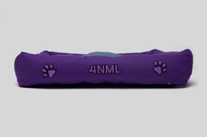 Side view of canvas cotton pet bed with lavender AppleSkin embroidery, purple base