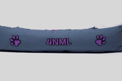 Extended side view of blue canvas cotton pet bed with lavender AppleSkin embroidery