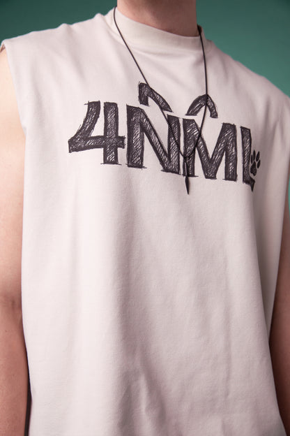 Close-up of 4NML sketch DTG print on off-white Rough Draft tank
