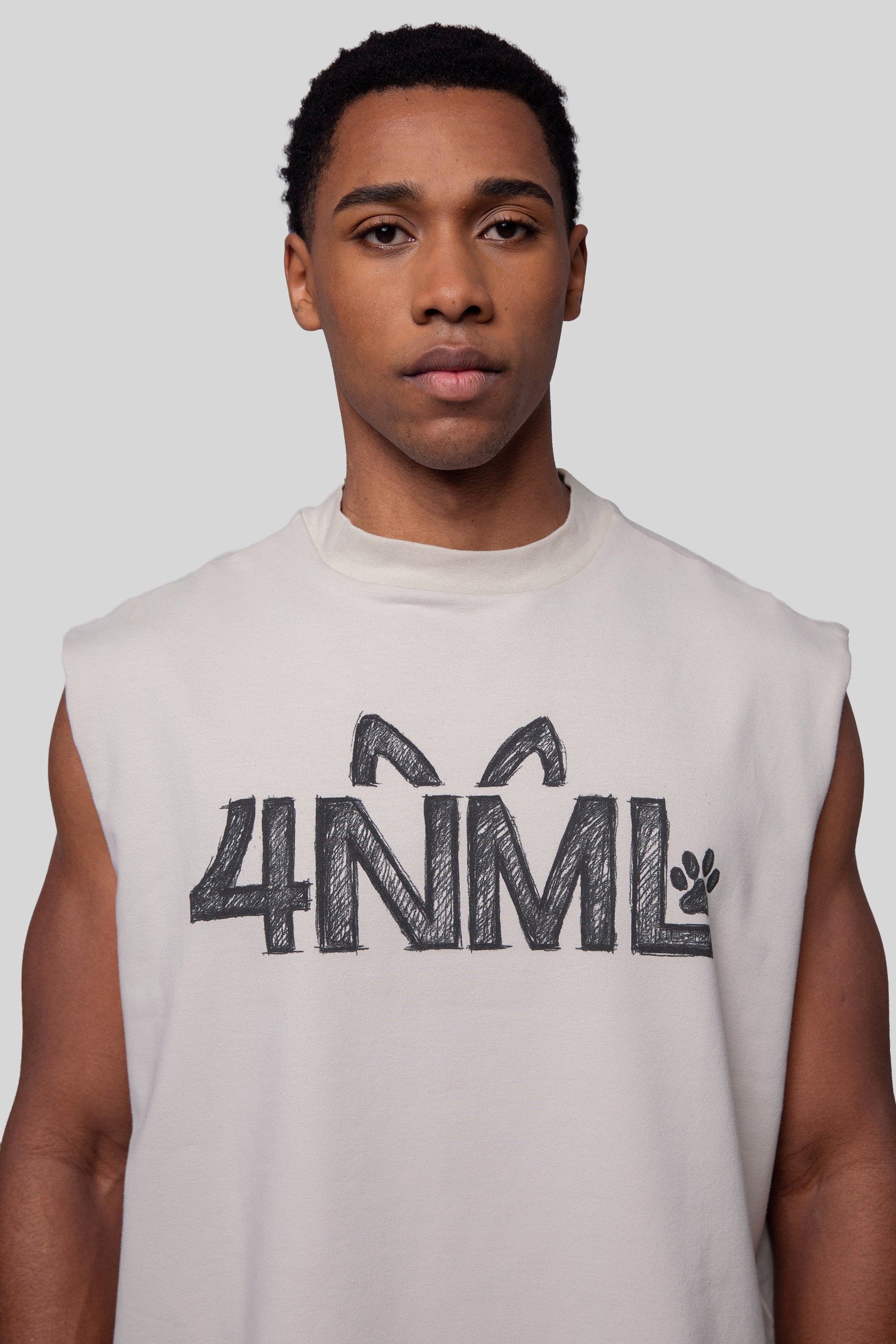 Front portrait of Rough Draft tank with 4NML sketch graphic
