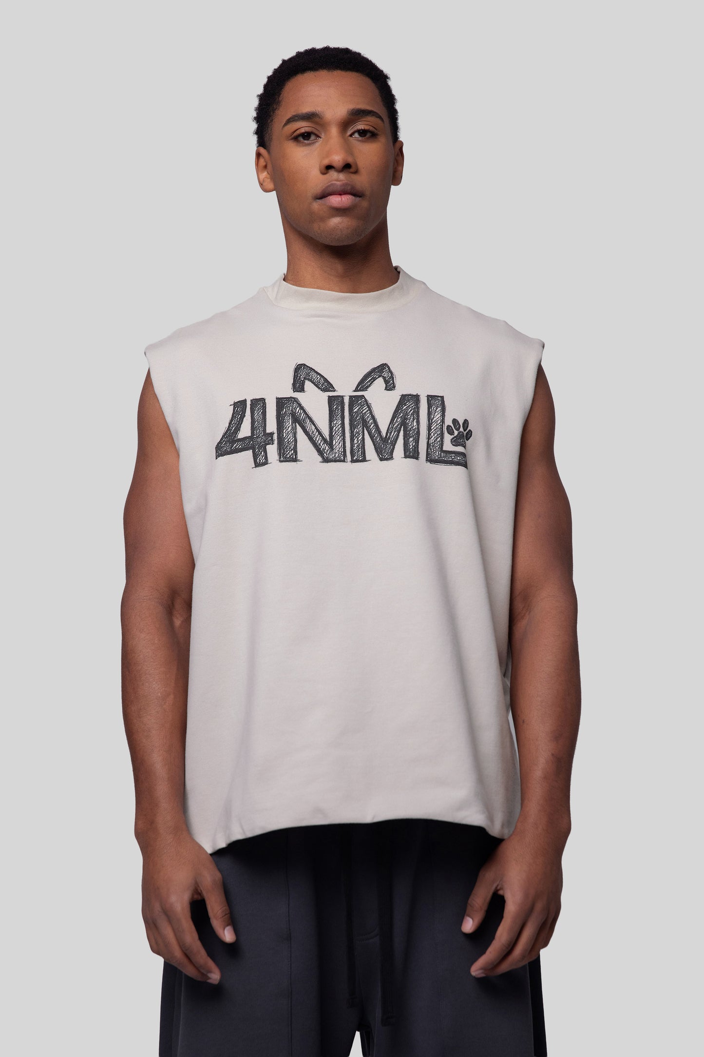 Front view of Rough Draft tank in off-white organic cotton with sketch print