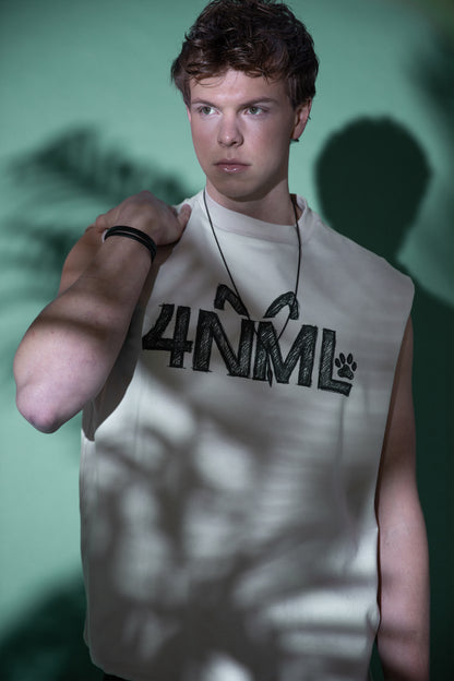 [card:men-primary][card:all-primary] Model wearing 4NML Rough Draft tank in off-white organic cotton with sketch DTG print