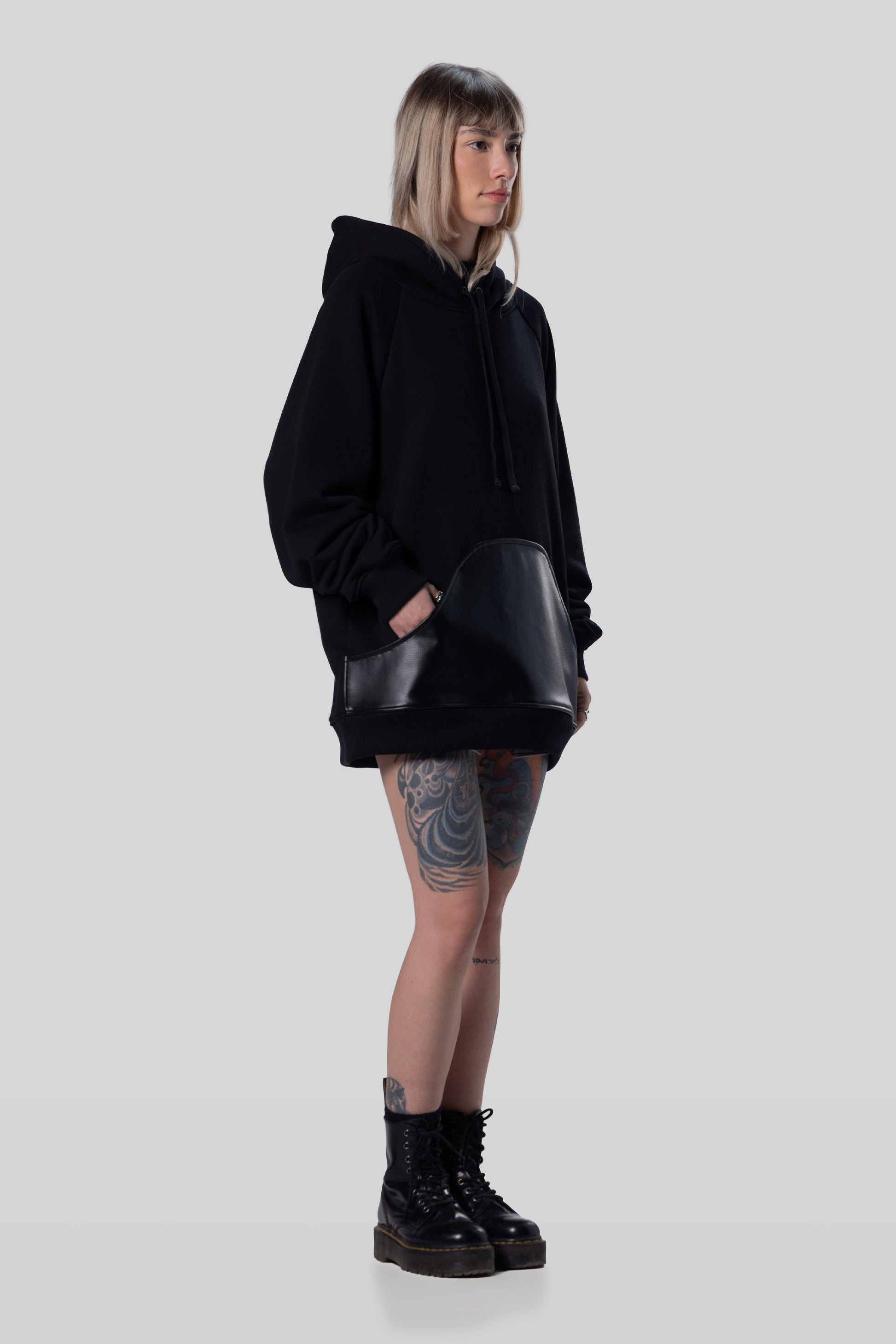 Full body angled front view of Shadow hoodie with AppleSkin pouch