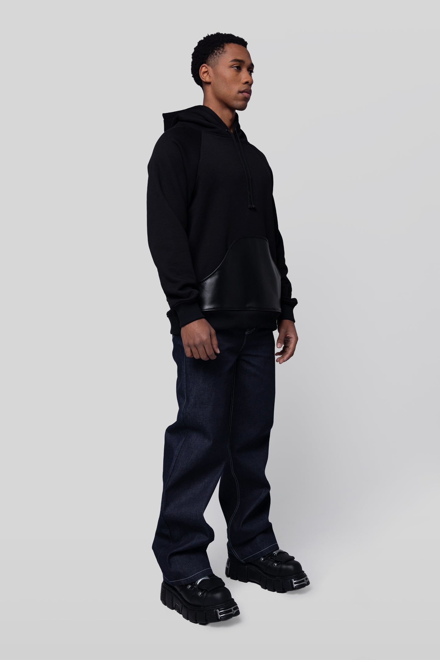 Full body angled front view of Shadow hoodie in black