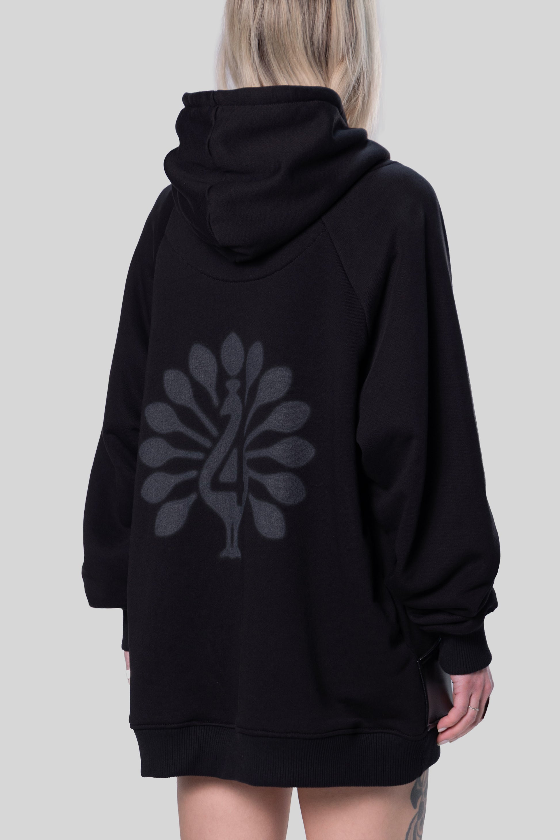 [card:women-secondary] Back view of Shadow hoodie in black with printed graphic