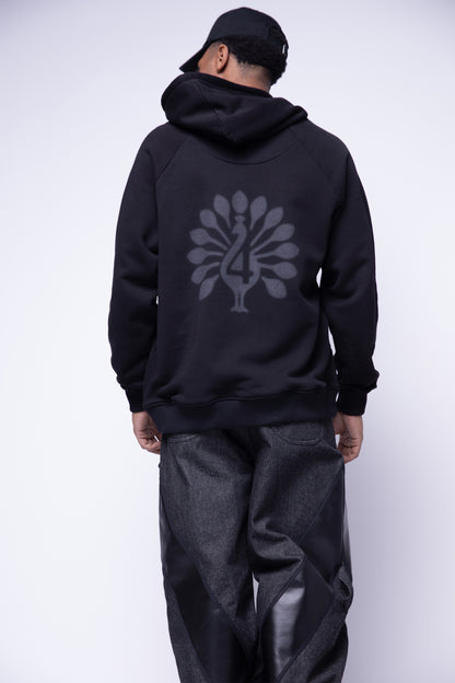 [card:men-primary][card:all-secondary] Back view of Shadow hoodie showing peahen graphic