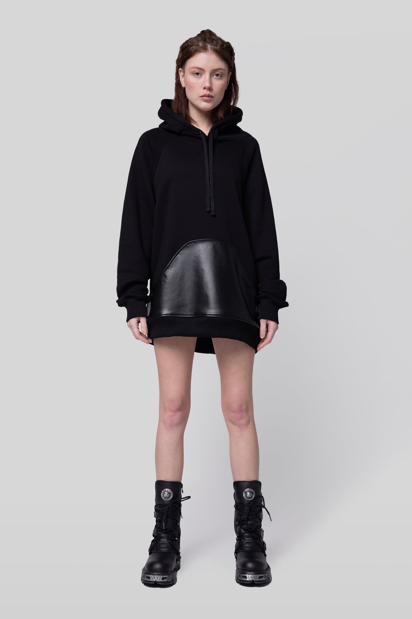 Full body front view of Shadow hoodie with oversized silhouette
