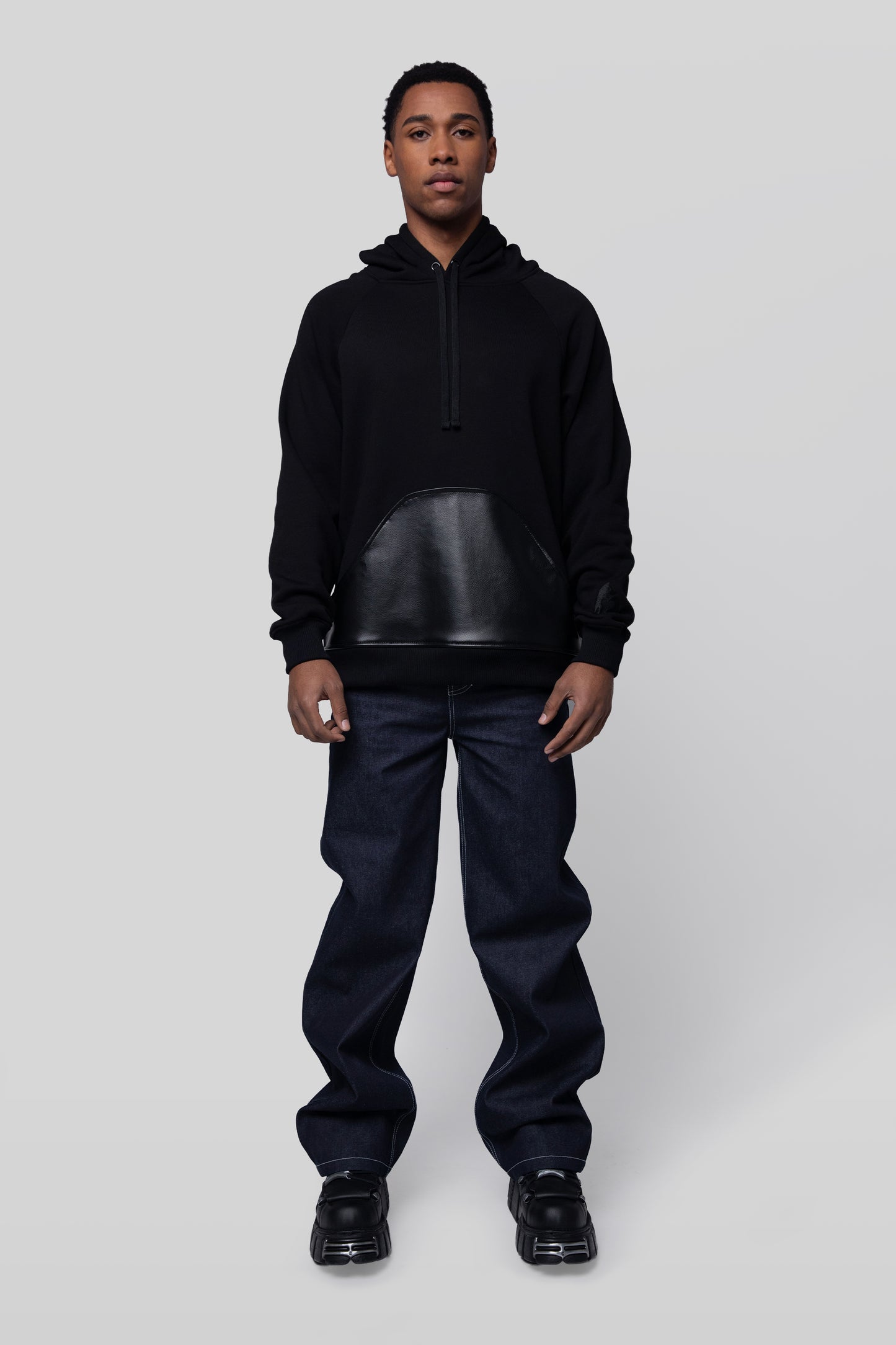 Full body front view of Shadow hoodie in black