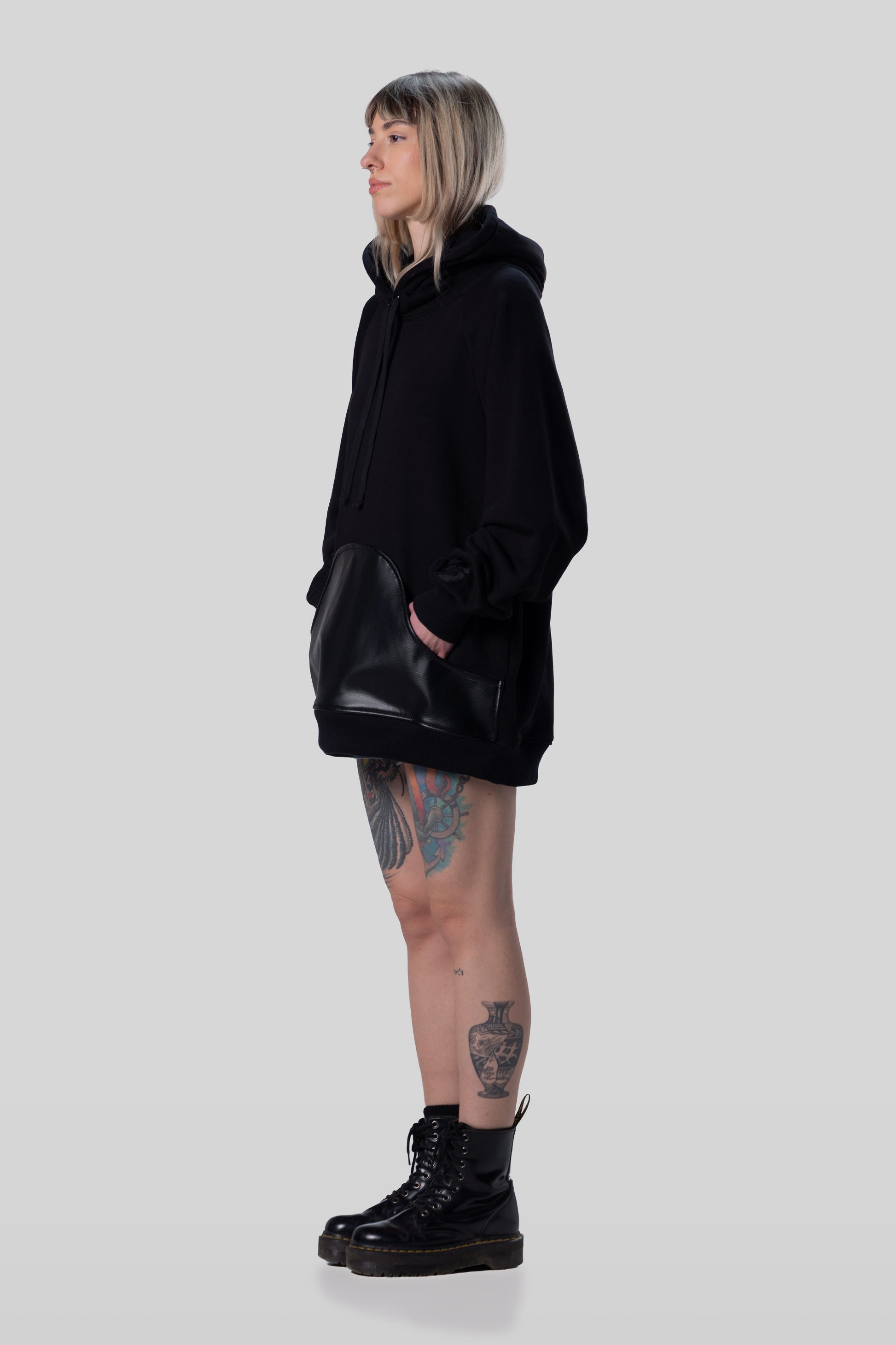 Angled side view of Shadow hoodie with relaxed drape