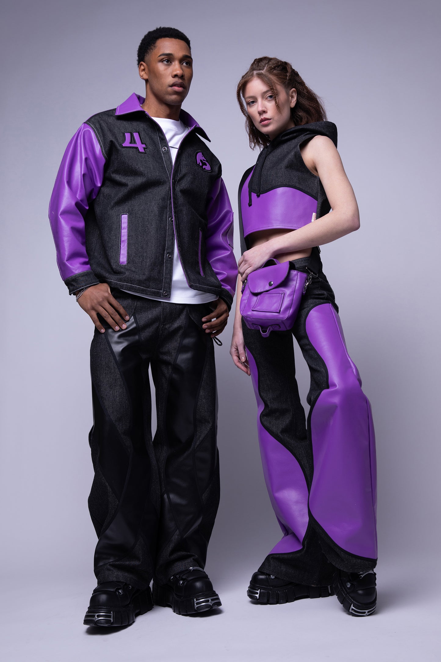 Model wearing Squid jeans with relaxed fit and panelled construction
