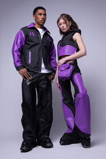 Model wearing Squid jeans with relaxed fit and panelled construction