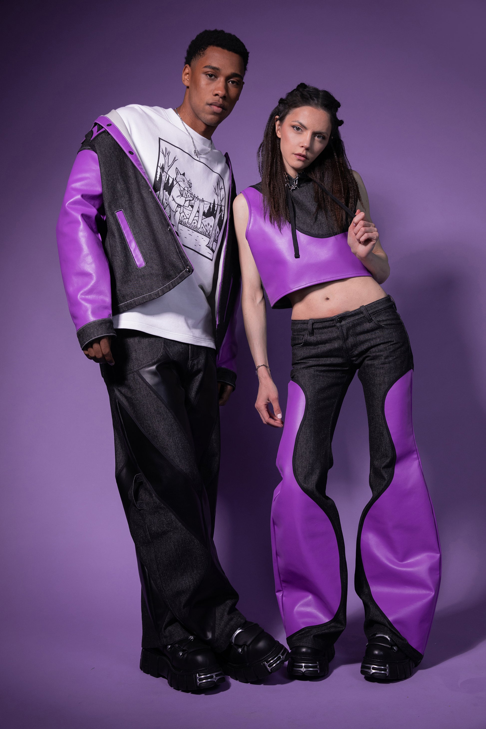 Models wearing Squid jeans in carbon raw denim with AppleSkin panel detailing