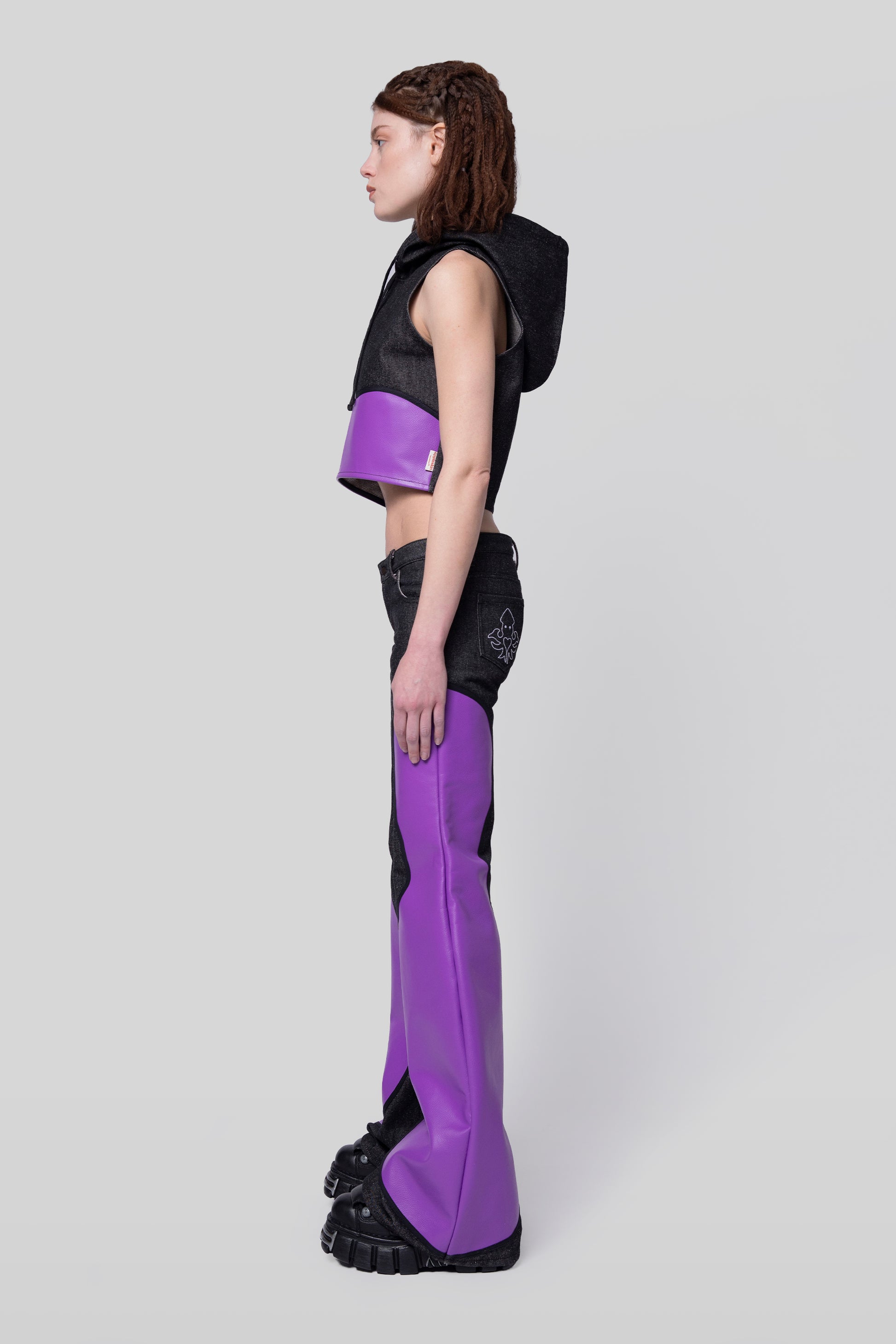 Left side profile of Squid jeans with deep lavender panel