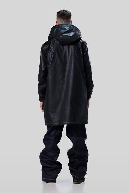 Back view of Totem coat in dark grey with hood