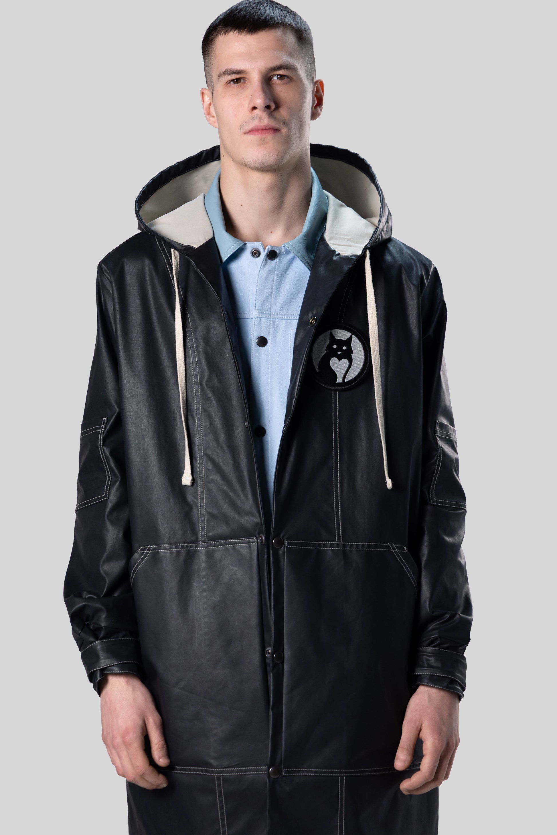 Alternate portrait of Totem coat with contrast stitching