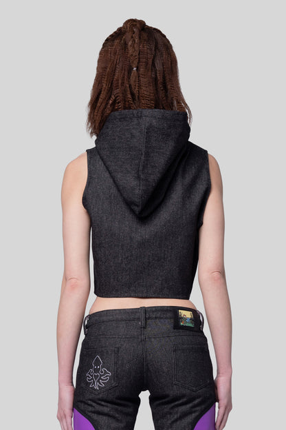 [card:women-secondary][card:all-secondary] Back portrait of Venom hood in carbon raw denim with hood